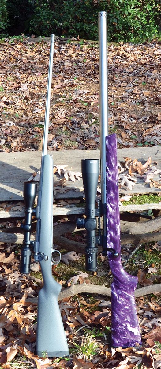 Two of the first 257 STW rifles built by Lex Weberneck of Rifles, Inc. were extremes in opposite directions in weight. The Strata on a lightened and blueprinted Remington 700 action (left) weighs 6 pounds, 10 ounces with scope and mount while the heavy-barrel rifle on a Winchester Model 70 action (right) tips the scale at 21.25 pounds. Both are plenty accurate for their intended purposes.